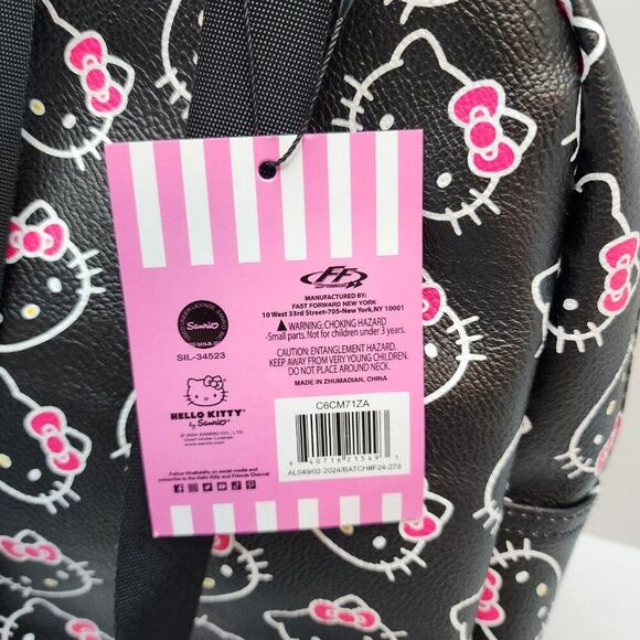 NWT Hello Kitty Mini Backpack | Black White Pink | Adjustable Straps Zippers PU - Picture 8 of 11
